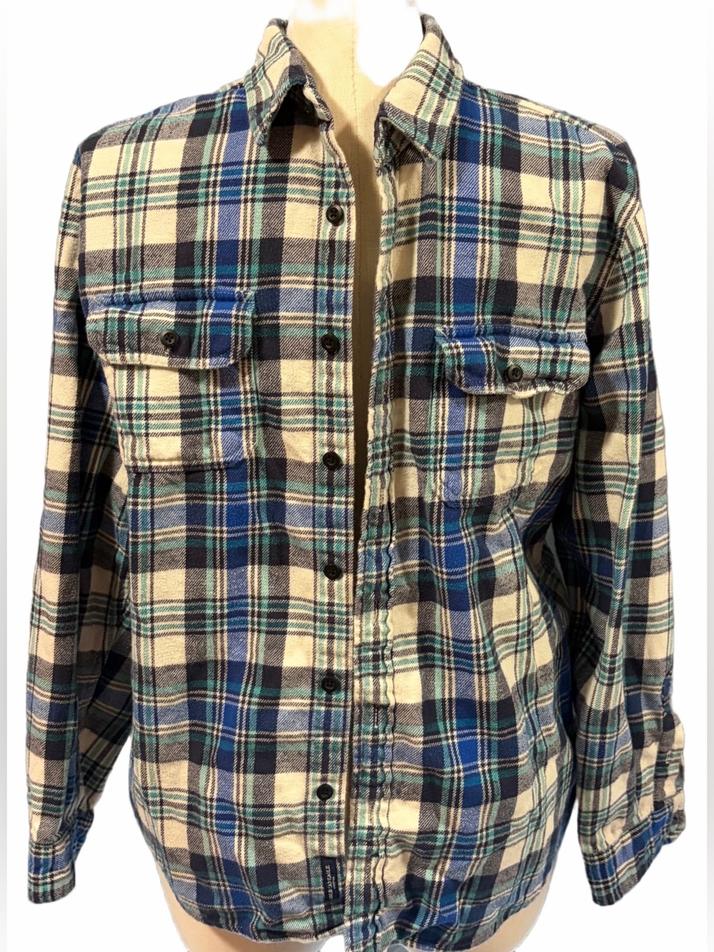 AMERICAN EAGLE OUTFITTERS Men's Plaid Button-Up Jacket Shirt in Beige and Blue